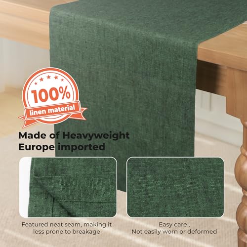 Pure Linen Table Runner 14x108 Inch Farmhouse Dining Decor - Forest Green - Athena