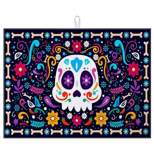 Sugar Skull Dish Drying Mat for Kitchen Counter - Microfiber Absorbent & Reusable
