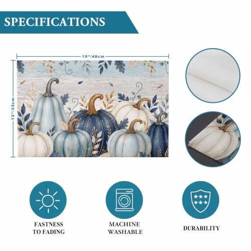 Fall Thanksgiving Placemats Set of 6 - Teal Blue White Pumpkin Autumn Decor - 18x12 Inches