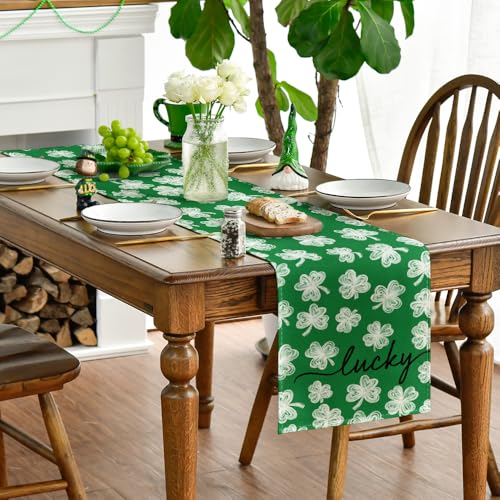 Lucky Clover Table Runner 13x48 Inch - Green Seasonal Kitchen Decor