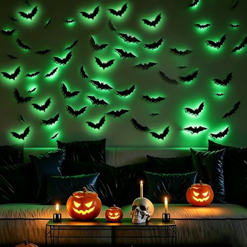 36 Pack LED Glowing Halloween Bat Wall Decorations - 3D Flying Window Decals, Green Lights