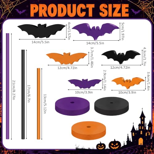 Halloween Wooden Bat Decorations Set - Purple & Orange, 6 Pieces with Stand