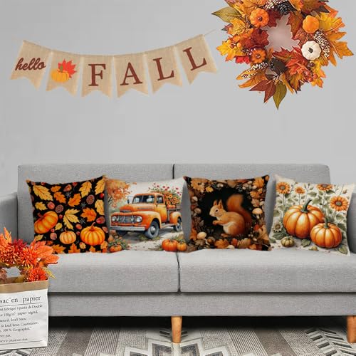 4-Pack Fall Pillow Covers 18x18 Autumn Pumpkin Sunflower Gnome Decor Set - Variation of THIS listing