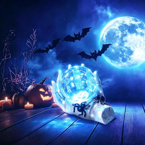 Halloween Snow Globe Crystal Ball LED Decor White Skeleton Hand - Spooky Indoor Display