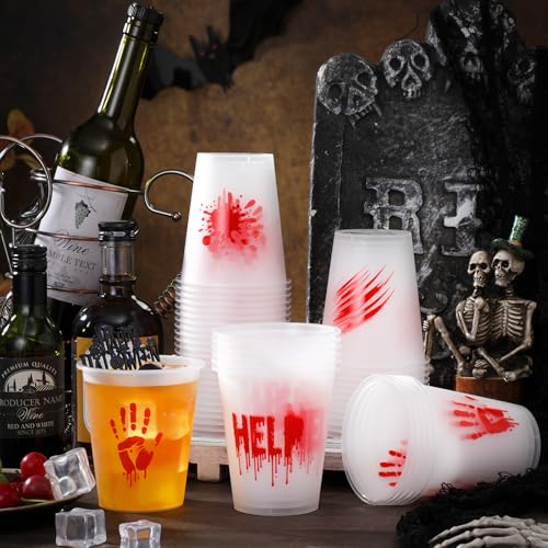 48 Pack Halloween Plastic Cups 12oz Blood Print Disposable Party Cups