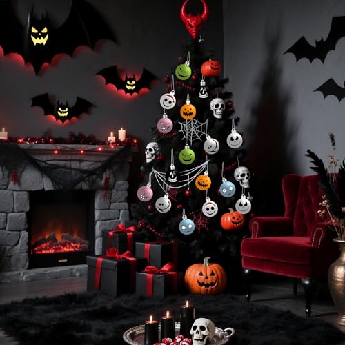 Halloween Christmas Spooky Ornament Set - 16 Plastic Holiday Balls for Tree Decoration