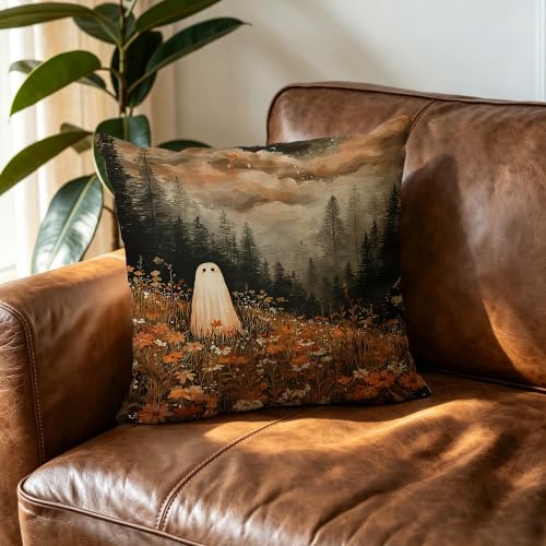 Halloween Ghost Mountains Throw Pillow Cover 18x18 in - Fall Flowers Variation
