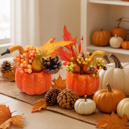 Artificial Fall Pumpkin Set with Maple Leaves & Berries - Style 3, 6 Pieces