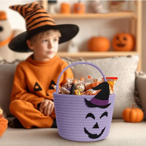 Purple Halloween Woven Cotton Rope Candy Basket for Kids & Adults