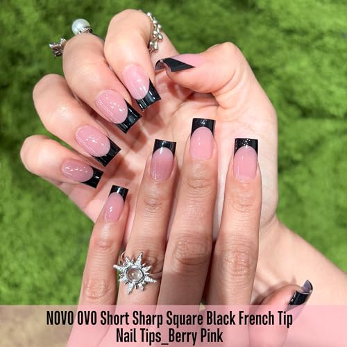 Short Sharp Square Nail Tips Black French Tip BERRY PINK - 15 Sizes, 240 pcs
