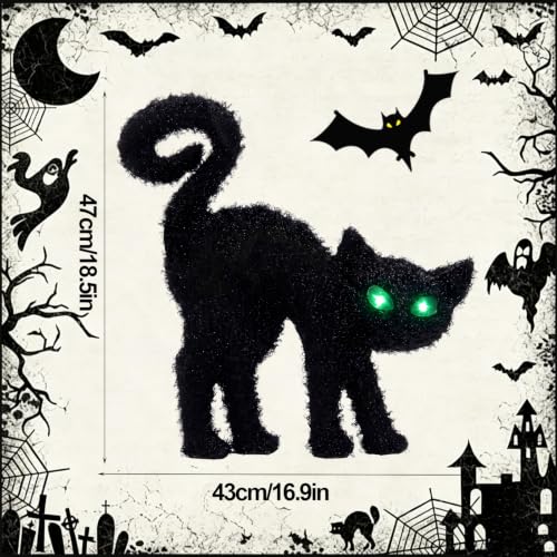 Black Cat Silhouette Halloween Decor with Glowing Green Eyes & Timer - Indoor Feline Accent
