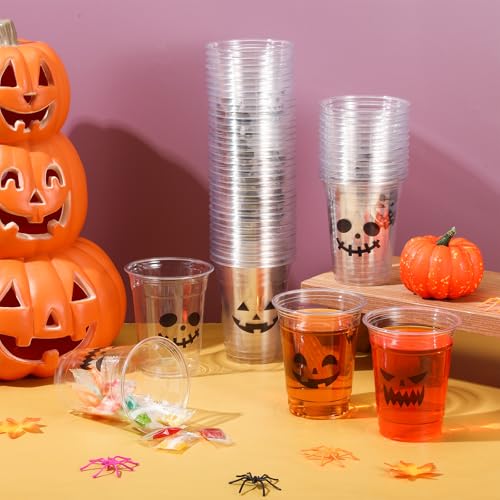 25 Pack Halloween Disposable Plastic Cups 12 oz Clear Pumpkin Pattern