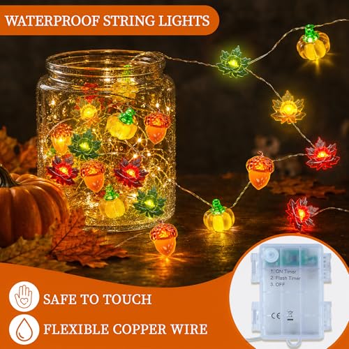 Fall Decor String Lights 10FT 40 LED Acorn Maple Leaves Pumpkin Lights - Yellow, Orange, Green