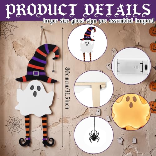 Halloween Ghost Light Up Door Sign Wooden Large Size - Spooky Door Hanger with Lamp