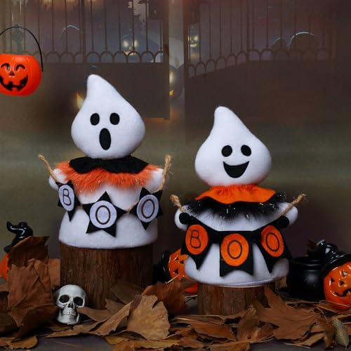 Halloween Ghost Plush Decorations Set of 2 - Boo Banner, 8.3 Inch, White & Orange, Cute Halloween Decor & Gifts - Variation of THIS listing