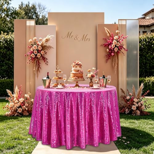 Fuchsia Round Sequin Tablecloth - 132 Inch Glitter Cover for Wedding & Party