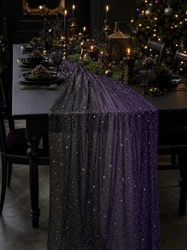 Black & Purple Sequin Sheer Table Runner 120 Inch 6PCS - Boho Wedding Holiday Decor