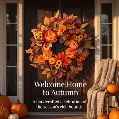24 Inch Fall Front Door Wreath with Pumpkins & Dahlias - Autumn Decor