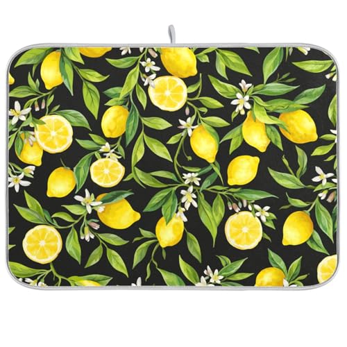 Yellow Lemon on Black Dish Drying Mat - 18x24 Inch Microfiber Kitchen Counter Protector