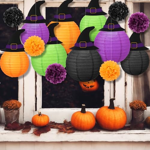 Halloween Paper Lanterns Decorations Kit with Witch Hats and Pom Poms - Indoor Outdoor Party Supplies