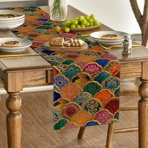 Wave Shape Peacock Feather Lotus Paisley Table Runner - 13x72 Inch Home Decor