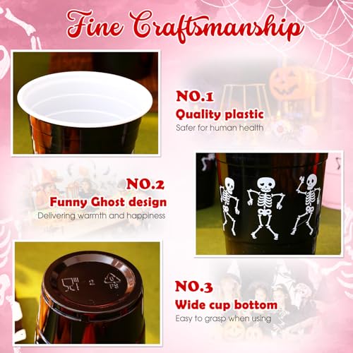 Halloween Skeleton Skull Plastic Cups 16 oz Black Pink Pack of 30 - Skeleton Design