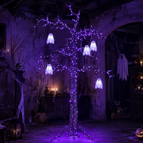 Lighted Halloween Tree with Ghosts and LED Lights, 8ft Spooky Garden Decor
