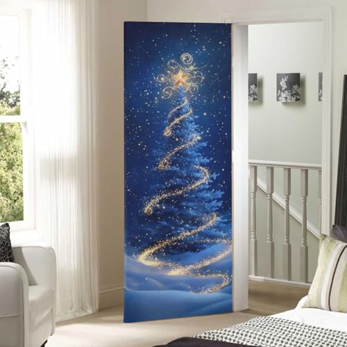 Christmas Tree Door Cover - Blue Holiday Door Decor 35x79 In - Stretch Fabric