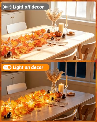 2 Pack Fall Maple Leaf Garland with Lights - 8 Lighting Modes Waterproof Battery Operated Decor