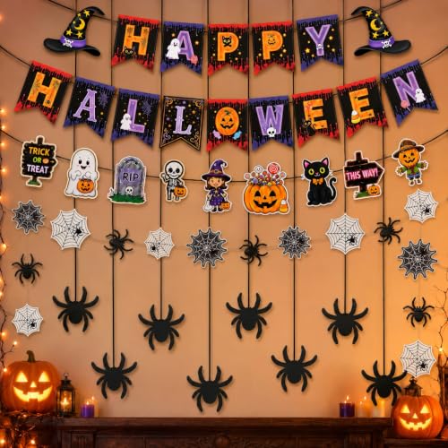 Halloween Banner and Spider Web Decoration Set - Happy Halloween & Spider Web Variation