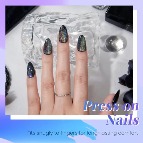 evpct Black Iridescent Colorful Glitter Cat Eye Press-On Nails Short Almond 24Pcs