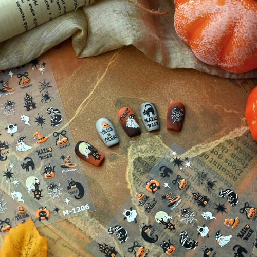Halloween 5D Embossed Nail Art Stickers - Black Naughty Cat Style01 with Ghost Pumpkin Web Designs
