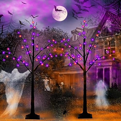 Halloween Black Lighted Tree with Orange & Purple LED Lights - 4Ft 2-Pack - Bendable Indoor Outdoor Decor