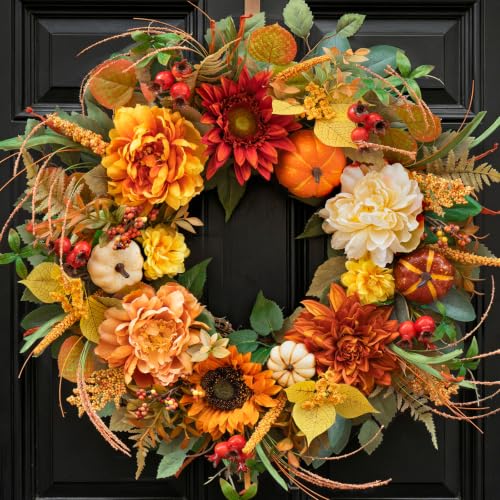 Artificial Fall Wreath for Front Door - Orange Peony & Pumpkins - Harvest Seasonal Decor