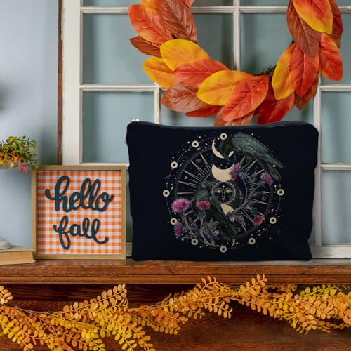 Goth Raven Cosmetic Bag - Celestial Sun & Moon Phase Witchy Makeup Bag for Women - Variation 2