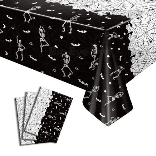 Disposable Halloween Skeleton Skull Tablecloth Pack of 3 - Black Vinyl Party Cover