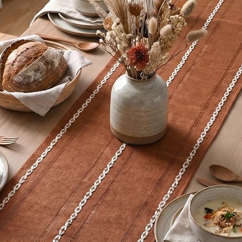 Caramel Rustic Cotton Linen Table Runner 13x72 Inch - Fall Embroidered Decor