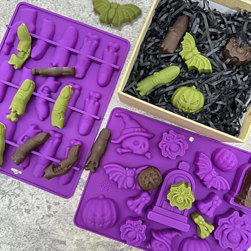 Halloween Silicone Molds 2 Pack for Baking Candy & Decorations, Ghost Skull Pumpkin