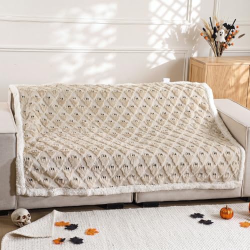 Remagr Beige Halloween Ghost Sherpa Throw Blanket 50x60 - Cozy & Decorative