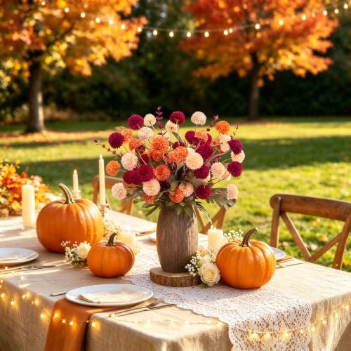 Fall Flowers Artificial Set - 16Pcs Autumn Decor with Orange Red Beige Blooms & Eucalyptus