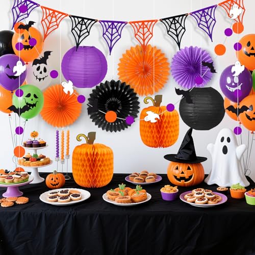 Halloween Party Decorations Set - Orange, Black & Purple Festive Decor - Includes Fans, Lanterns & Web Flags - Halloween