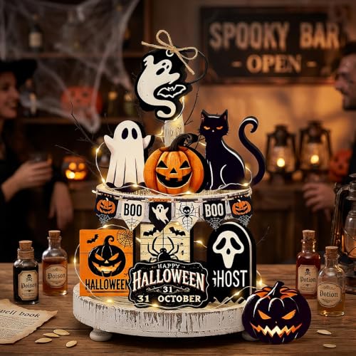 Halloween Tiered Tray Decorations Set - 17 Pc Self-Standing Wooden Signs & Light String