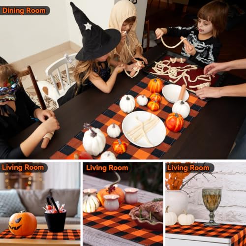 Halloween Checkered Table Runner - Black and Orange Burlap 13x72 Inches for Parties