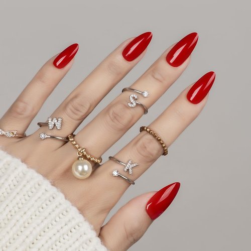 30Pcs Almond Press On Nails - Supremely Fit & Natural Soft Gel Almond Nails,15 Sizes, Reusable Fake Nails Kit with Gift Box for Women (Warm Red)