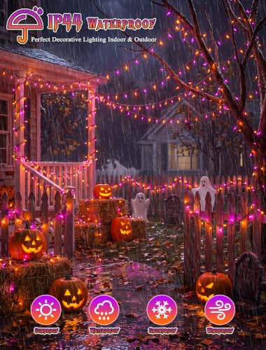 Halloween String Lights 13FT 50 Count Orange & Purple Lights - Brown Wire, Connectable, Waterproof, Festive Decor
