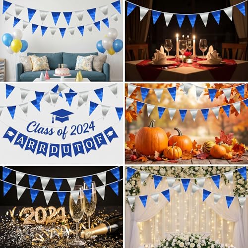 Navy Blue Silver Triangle Pennant Banner - 130FT Nautical Party Decorations Set - Reusable Fabric Bunting for Weddings, Birthdays, Celebrations