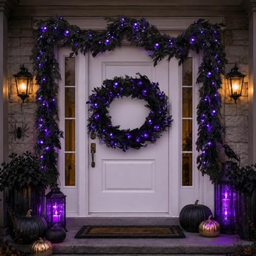 Black 9FT Pre-Lit Halloween Garland with Lights for Indoor Outdoor Decor