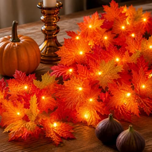 9FT Fall Garland with Lights - Connectable Orange Incandescent Bulbs, Indoor Outdoor Halloween Thanksgiving Decor - 1 Pack