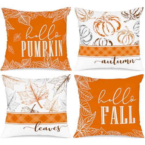 Fall Pillow Covers Set of 4 - 24x24 Inch Autumn Cushion Cases for Thanksgiving & Halloween - Orange / 24"x24"