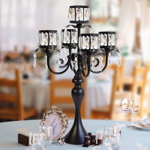 Crystal Candle Holder with Square Bowl - 22-Inch Black 5-Arm Centerpiece for Weddings & Events - Variation: Square-Crystal Bowl